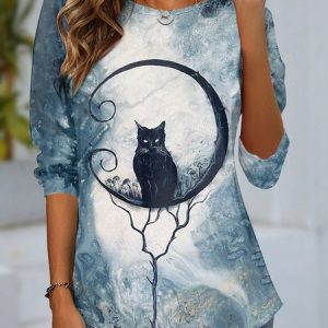 Women's Long Sleeve Tee T-shirt Spring/Fall Cat Jersey Crew Neck Daily Going Out Casual Top, JustFashionNow Tops, color:Black|size:XXL,