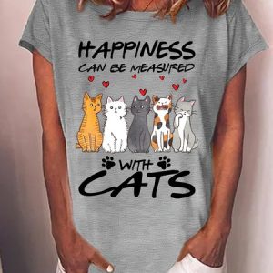 Women’s Happiness Can Be Measured With Cats Crew Neck Loose Casual T-Shirt, T-shirts, Lilicloth.com