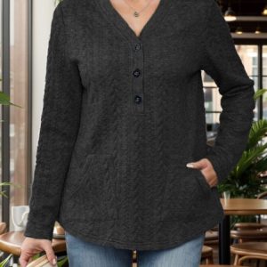 Women's V Neck Plain Casual Spring/Fall Long Sleeve Sweatshirt, JustFashionNow Sweatshirts & Hoodies, color:Black|size:XXL,