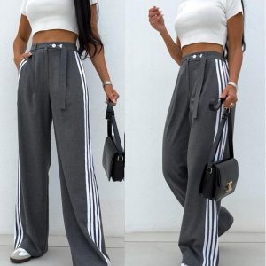 Striped Buttoned Pocket Design Casual Straight Leg Pants, Pants, ChicMe catalog