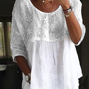 JFN Cotton-blend Lace Embroidery Patchwork Loose Crew Neck Split Joint Blouse, JustFashionNow Blouses, color:Blue|size:XXL,