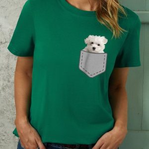 Womens Cute Puppy Dog In Your Pocket Crew Neck Tops, T-shirts, Lilicloth.com