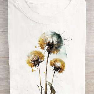 Casual Summer Dandelion Short Sleeve Loose Crew Neck H-LineT-shirt, T-shirts, Lilicloth.com