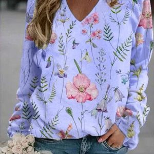 Women's V Neck Floral Casual Spring/Fall Long Sleeve Sweatshirt, JustFashionNow Sweatshirts & Hoodies, color:Blue Purple|size:XXL,