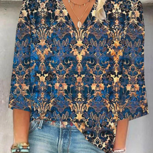 Women's Three Quarter Sleeve Tee T-shirt Spring/Fall Ethnic Printing V Neck Daily Going Out Vintage Top, JustFashionNow T-Shirts, color:Blue|size:XXL,