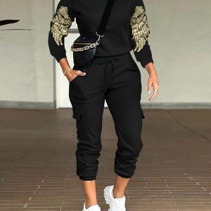 2PCS Sequin Wings Pattern Top & Drawstring Cuffed Pants Set, Two-piece Sets, ChicMe catalog