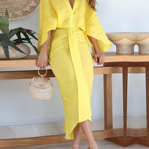 Plunge Batwing Sleeve Draped Midi Dress, Midi Dresses, ChicMe catalog