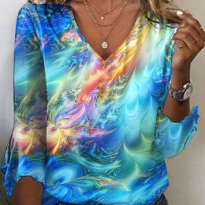 Gradient Design V-Neck T-Shirt, Long sleeves, Lilicloth.com