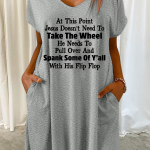 Women‘s Funny Word Jesus V Neck Casual Dress, Dresses, Lilicloth.com