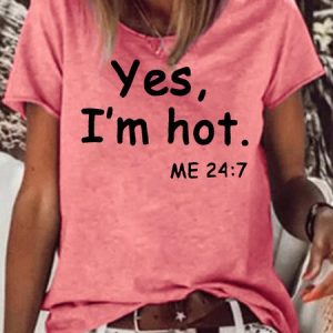 Womens Casual Letters Print Yes I Am Hot Short Sleeve T-Shirt, T-shirts, Lilicloth.com