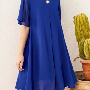 Women's Short Sleeve Summer Plain Chiffon Crew Neck Party Going Out Elegant Midi A-Line Black Dress, JustFashionNow Dresses, color:Blue|size:3XL,