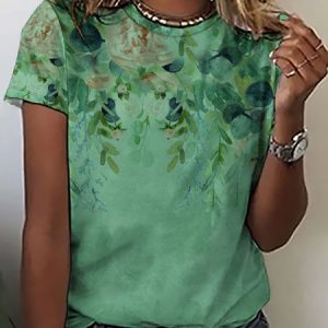 Casual Simple Plant Printed Crew Neck T-Shirt, T-shirts, Lilicloth.com