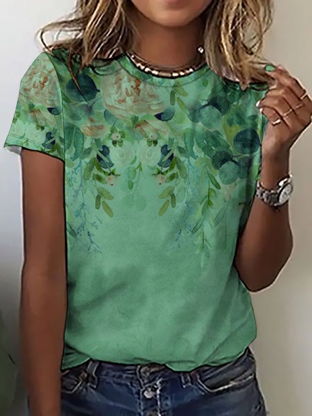 Casual Simple Plant Printed Crew Neck T-Shirt, T-shirts, Lilicloth.com