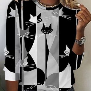 Women's Long Sleeve Tee T-shirt Spring/Fall Cat Printing Jersey Crew Neck Daily Going Out Vintage Top, JustFashionNow T-Shirts, color:Black|size:XXL,