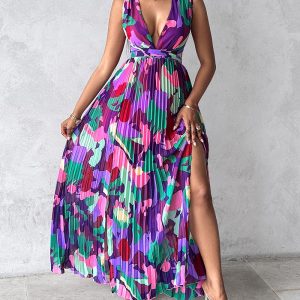 All Over Print Ruched Slit Tied Detail Maxi Dress, women Maxi Dresses, ChicMe catalog