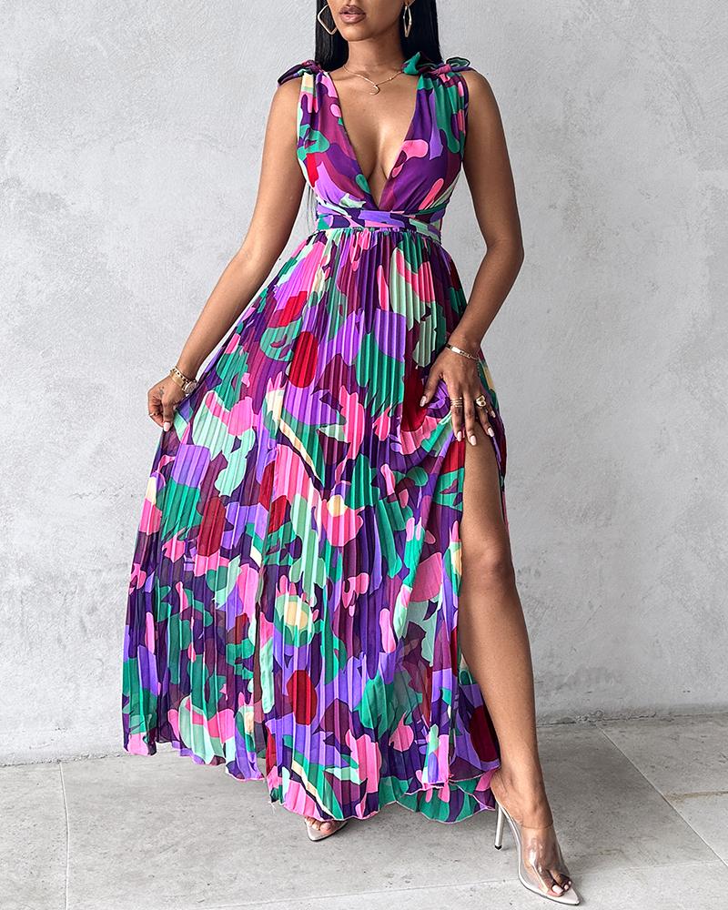 All Over Print Ruched Slit Tied Detail Maxi Dress, women Maxi Dresses, ChicMe catalog