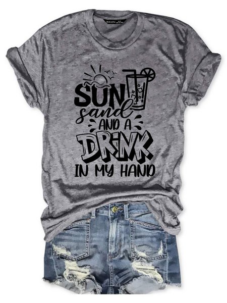 Sun Sand And A Drink In My Hand Graphic Loose Tee, T-shirts, Lilicloth.com