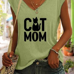 Cat Mom Print V-neck Tank Top, Tank Tops, Lilicloth.com