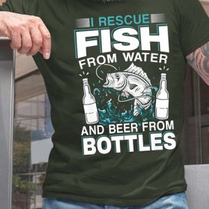 Men I Rescue Fish From Water And Beer From Bottles Text Letters Casual T-Shirt, T-shirts, Lilicloth.com