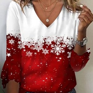 Women's Three Quarter Sleeve Tee T-shirt Spring/Fall Snowflake Printing Jersey V Neck Holiday Going Out Vintage Top, JustFashionNow T-Shirts, color:Red|size:XXL,