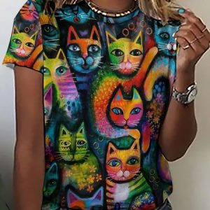 Abstract Colorful Cat Crew Neck Cat Loose T-Shirt, T-shirts, Lilicloth.com