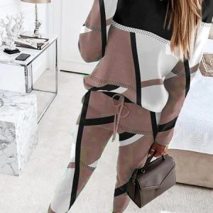 Women's Contrast Stitching Daily Going Out Two Piece Set Long Sleeve Casual Spring/Fall Top With Pants Matching Set, JustFashionNow Suit Set, color:Camel|size:3XL,