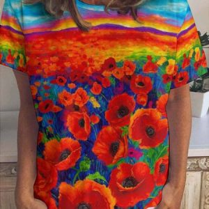 Womens Flower Art Print Casual Short Sleeve T-Shirt, T-shirts, Lilicloth.com