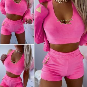 3PCS Velvet Jacket & Chain Decor Crop Top & Shorts Co-ords Set Tracksuit, women Two-piece Sets, ChicMe catalog