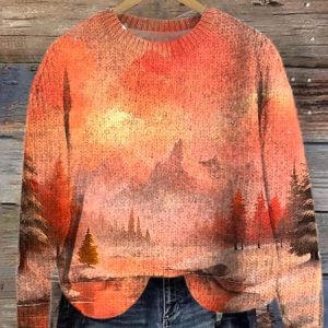 Loose Casual Knitted Landscape Painting Sweater, Sweaters, Lilicloth.com