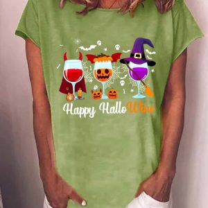 Happy Hallowine Women Casual Cotton-Blend T-Shirt, T-shirts, Lilicloth.com