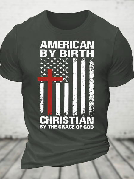 American By Birth Christian By The Grace Of God Independence Day American Flag Cross Cotton T-Shirt, T-shirts, Lilicloth.com