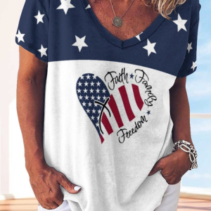 Women Star Faith FreedomLoose Simple America Flag T-Shirt, T-shirts, Lilicloth.com