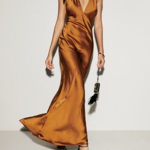 Women's Sleeveless Summer Plain Ruched Dress V Neck Date Going Out Urban Maxi X-Line, JustFashionNow Dresses, color:Caramel|size:3XL,