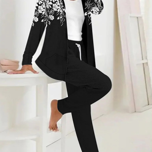 Women's Floral Two-Piece Set Daily Long Sleeve Casual Spring/Fall Top With Pants Matching Set, JustFashionNow Suit Set, color:Black-white|size:3XL,
