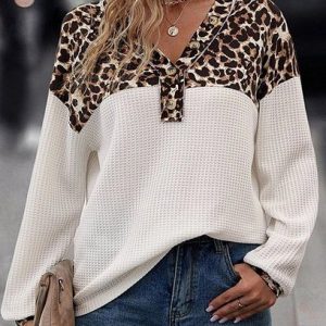 Women's V Neck Leopard Split Joint Casual Spring/Fall Long Sleeve Sweatshirt, JustFashionNow Sweatshirts & Hoodies, color:White|size:XXL,