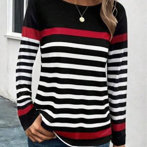 Women's Long Sleeve Tee T-shirt Spring/Fall Striped Printing Jersey Crew Neck Daily Going Out Vintage Top, JustFashionNow T-Shirts, color:Red|size:XXL,