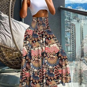 Feather Tribal Print Shirred Wide Leg Pants, Pants, ChicMe catalog