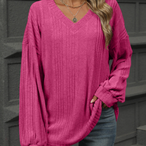 Women's Long Sleeve Tee T-shirt Spring/Fall Plain V Neck Daily Going Out Casual Top, JustFashionNow T-Shirts, color:Rose Red|size:XXL,