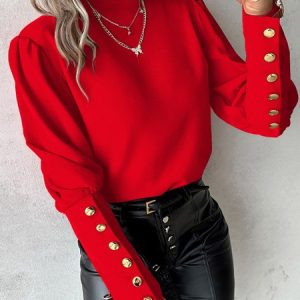 Mock Neck Long Sleeve Plain Buckle Regular Loose Blouse For Women, Blouses, color:Red|size:XXL, catalog Noracora shop