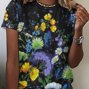 WomenвЂ™s Plant Pattern Floral Casual Loose Crew Neck Floral T-Shirt, T-shirts, Lilicloth.com