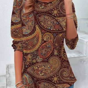 Vintage Cashew Flowers Crew Neck Long Sleeve T-shirt, Blouses, color:Brown|size:XXL, catalog Noracora shop
