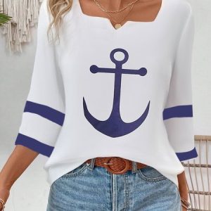 Women's Three Quarter Sleeve Tee Nautical T-shirt Spring/Fall Anchor Cotton Notched Daily Going Out Casual Top, JustFashionNow T-Shirts, color:White|size:XXL,