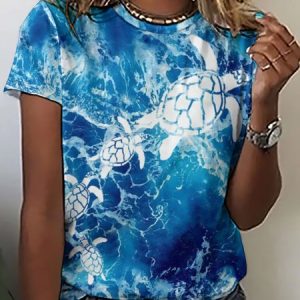 Womens Vocation Summer Sea Turtle print Crew Neck Casual T-Shirt, T-shirts, Lilicloth.com