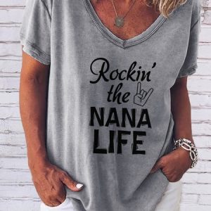 Rockin The Nana Life V-neck Short Sleeve T-shirt, T-shirts, Lilicloth.com
