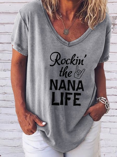 Rockin The Nana Life V-neck Short Sleeve T-shirt, T-shirts, Lilicloth.com