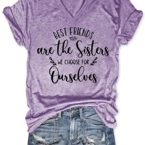Women Sisters Letter Figure V Neck Casual T-Shirt, T-shirts, Lilicloth.com