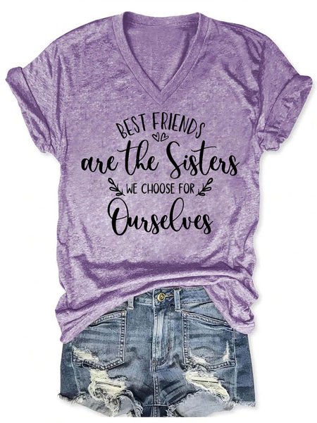 Women Sisters Letter Figure V Neck Casual T-Shirt, T-shirts, Lilicloth.com
