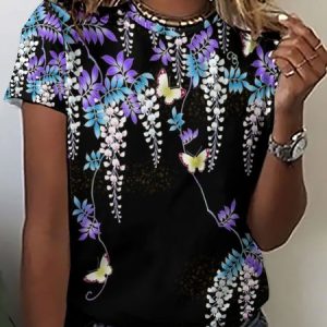 Womens Flower Butterfly Print T-Shirt, T-shirts, Lilicloth.com