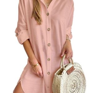 Women's Long Sleeve Spring/Fall Plain Buckle Dress V Neck Daily Going Out Casual Midi H-Line Shirt Dress White, JustFashionNow Dresses, color:Pink|size:XXL,