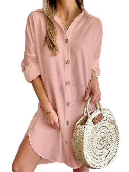 Women's Long Sleeve Spring/Fall Plain Buckle Dress V Neck Daily Going Out Casual Midi H-Line Shirt Dress White, JustFashionNow Dresses, color:Pink|size:XXL,